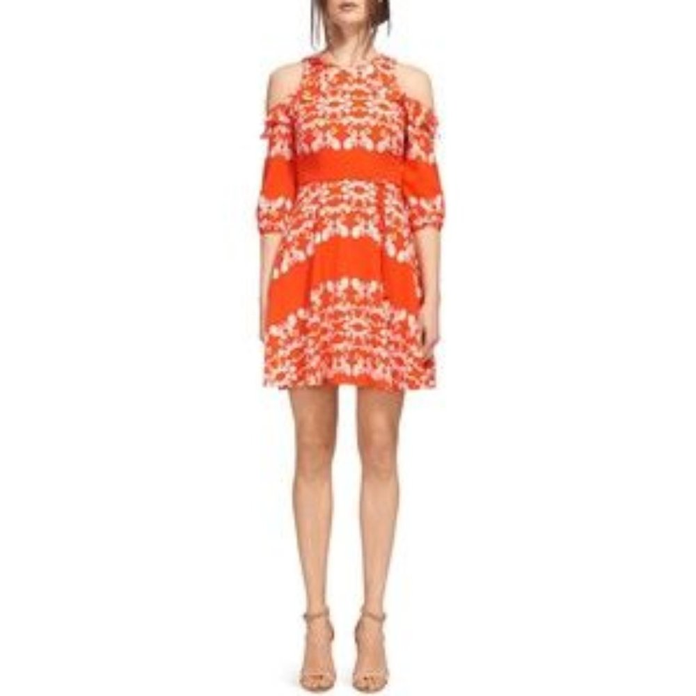 Whistles Coral flower Midi shoulder cut out Dress Size US 2 perfect condition